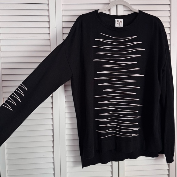 Planet By Lauren G Zig Zag Line Boxy Black Sweater Pima Cotton Modal One Size - Picture 2 of 8